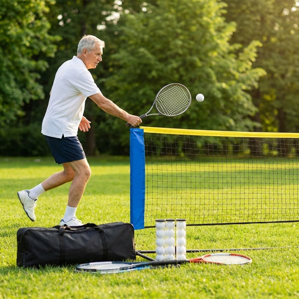 Mini Tennis Net Set with rackets and balls, perfect for backyard and club use