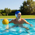 Set of 13 water polo caps in blue and white with red goalkeeper caps, featuring durable nylon material.