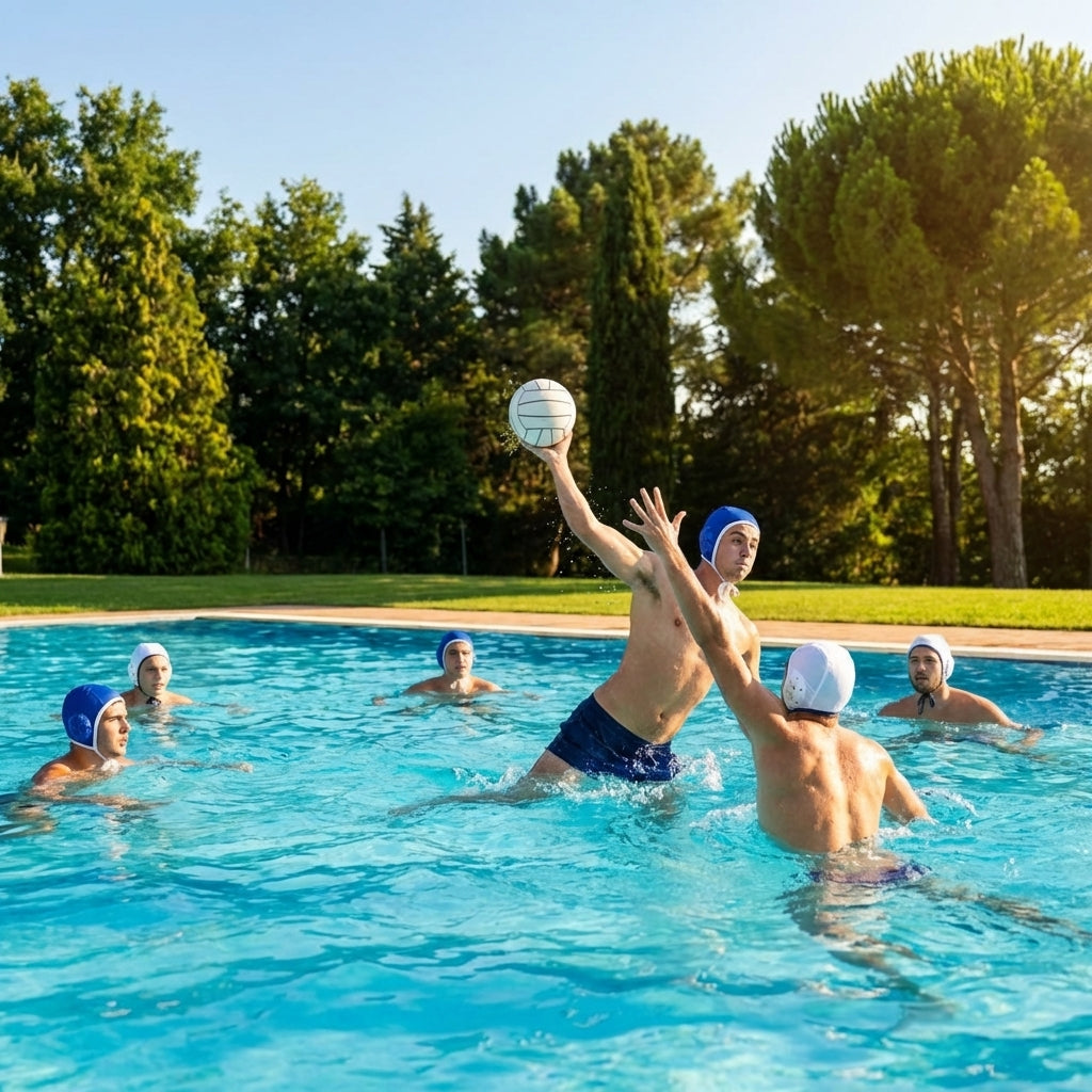 Set of 13 water polo caps in blue and white with red goalkeeper caps, featuring durable nylon material.