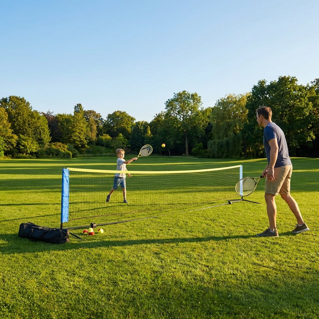 Mini Tennis Net Set with rackets and balls, perfect for backyard and club use
