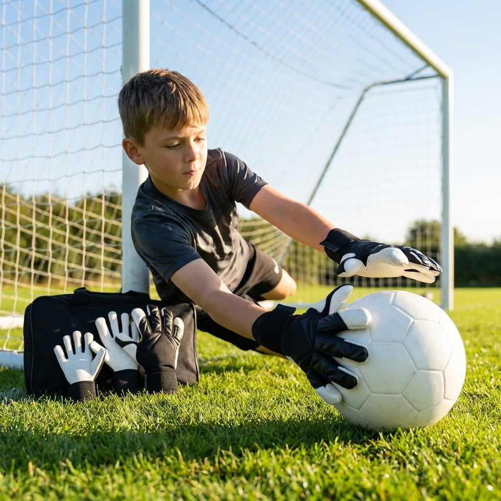 Hybrid goalkeeper gloves in white and black with neoprene backhand