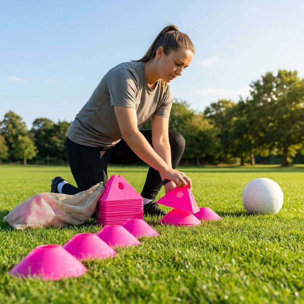 Training marker cones in vibrant Fluro colours for sports drills