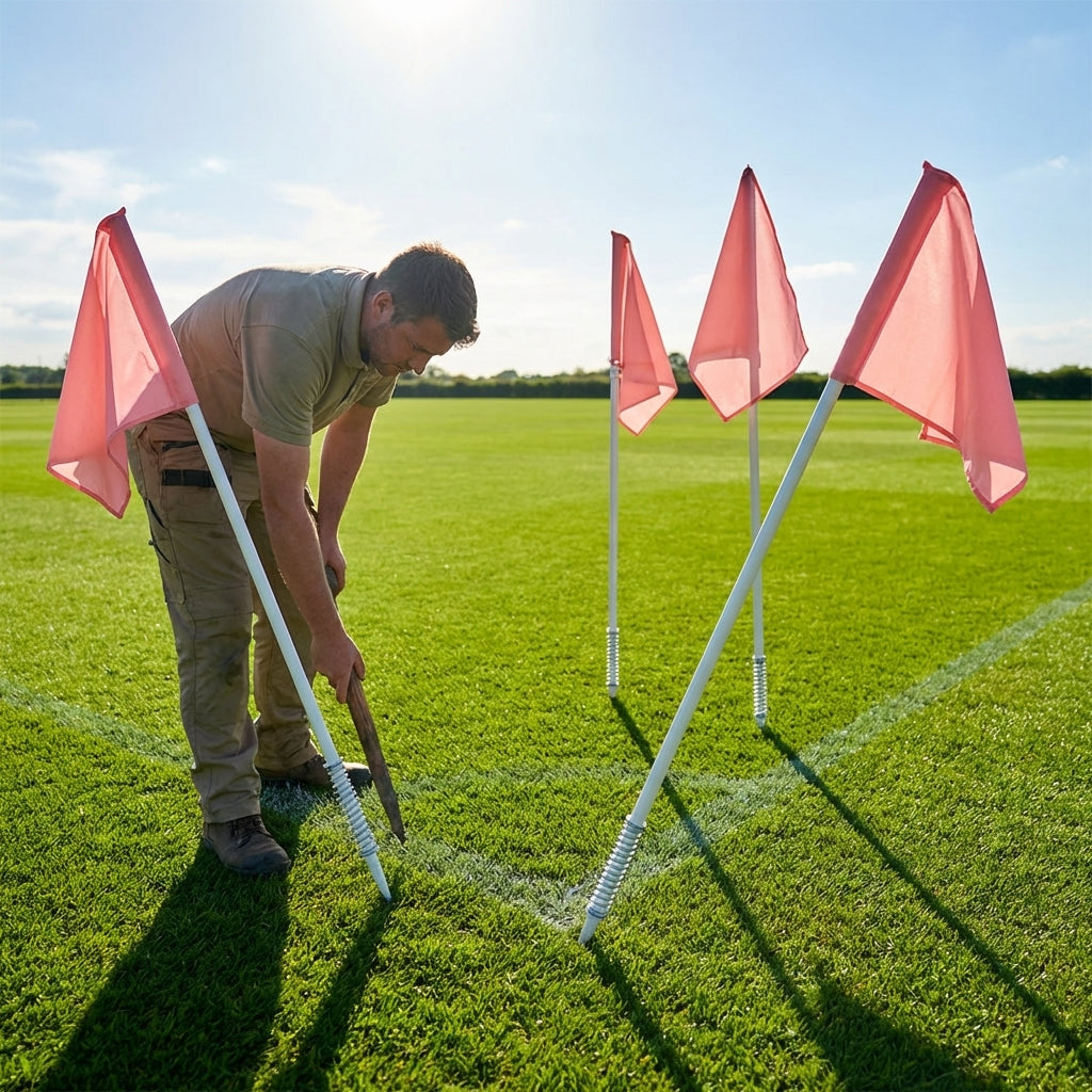 Spring-loaded football corner flags in various colours with weatherproof PVC poles