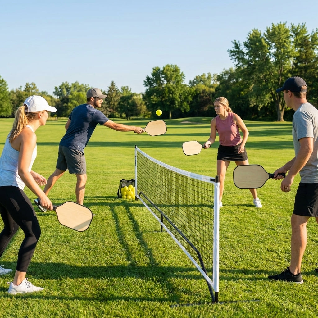 Pickleball set with paddles, balls, and portable net