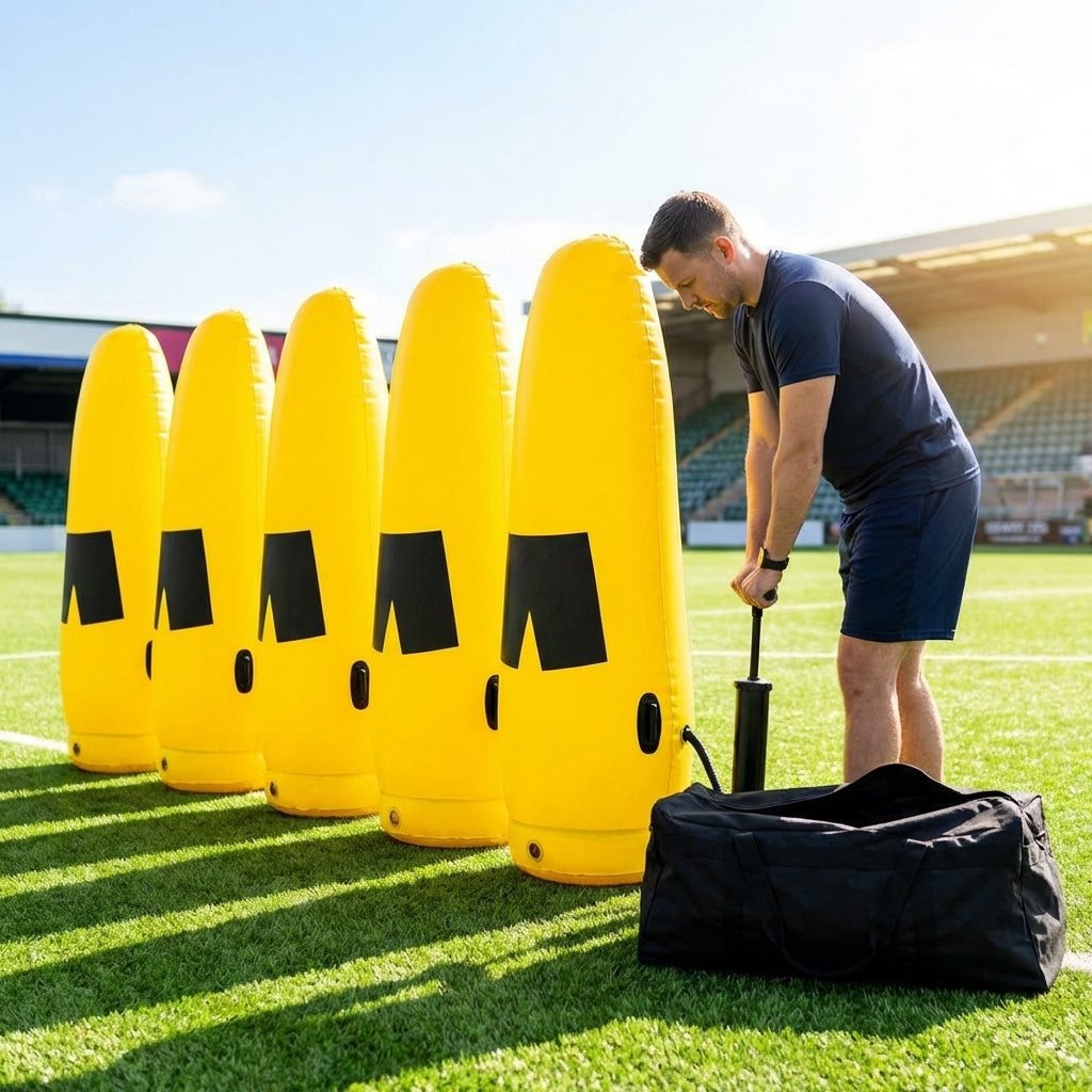 High-visibility American football training dummies in yellow PVC