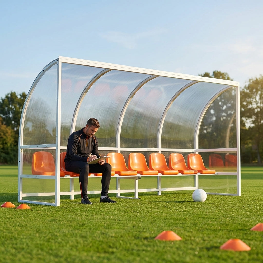 Heavy duty aluminium team shelter with moulded seats