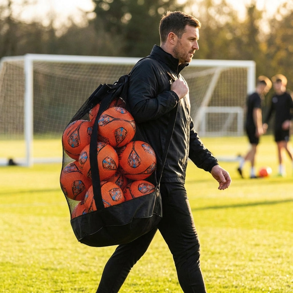 Football carry bag with 12 footballs, durable mesh