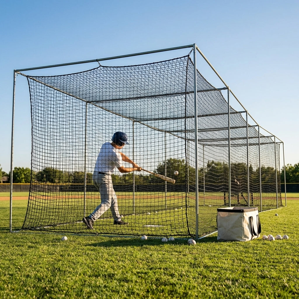 Baseball Batting Cage Net in black, 55ft length, durable for outdoor training