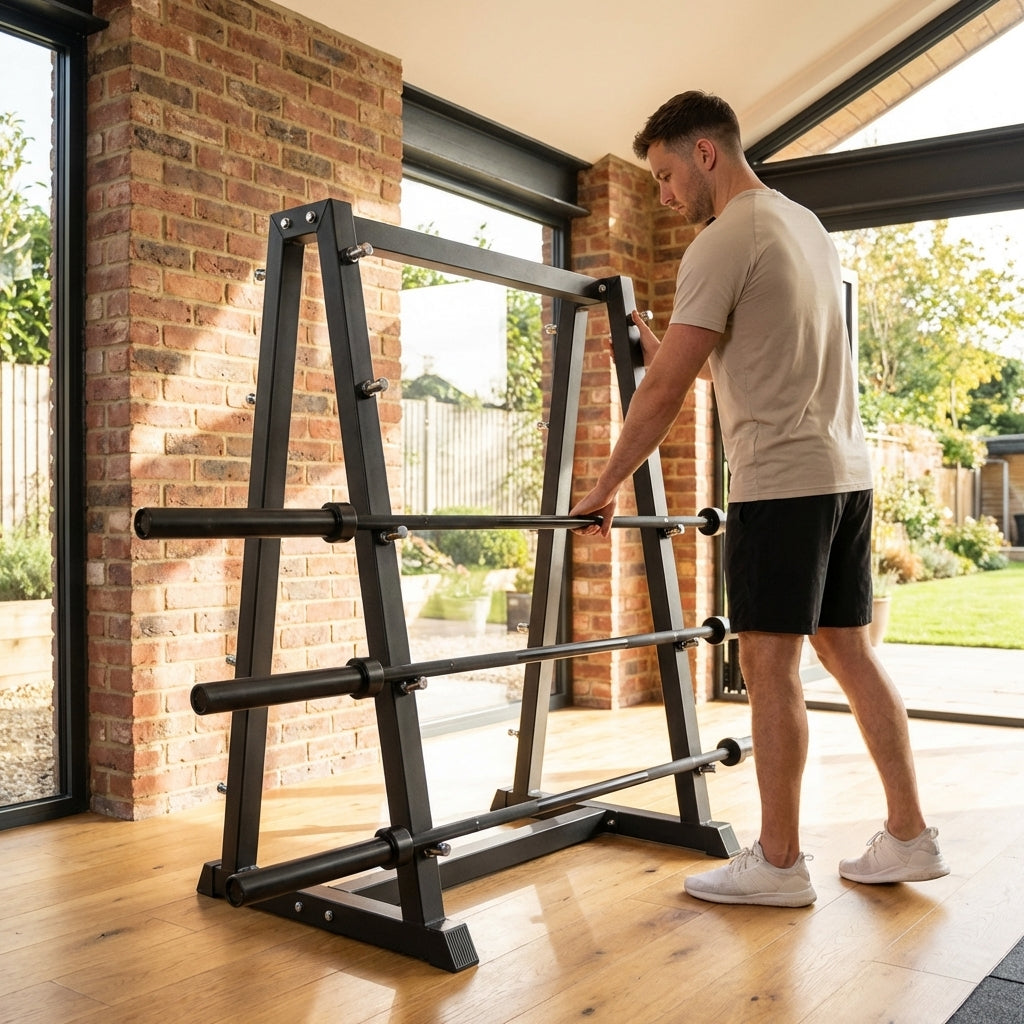 Steel barbell rack set for gym use, featuring a heavy-duty frame.