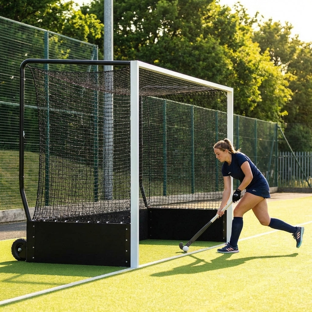 Aluminium hockey goal with HDPE net, 12ft x 7ft, for tournament use