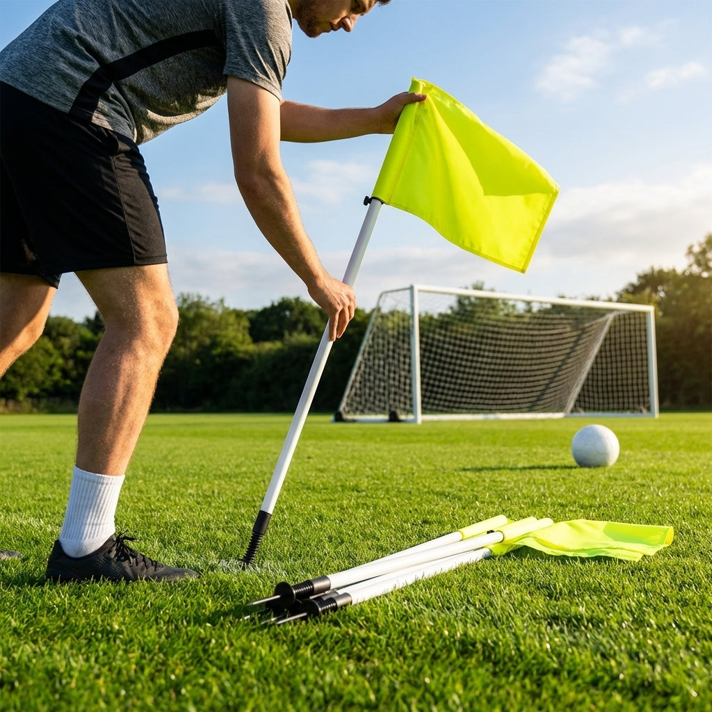 Spring-loaded football corner flags in various colours with weatherproof PVC poles