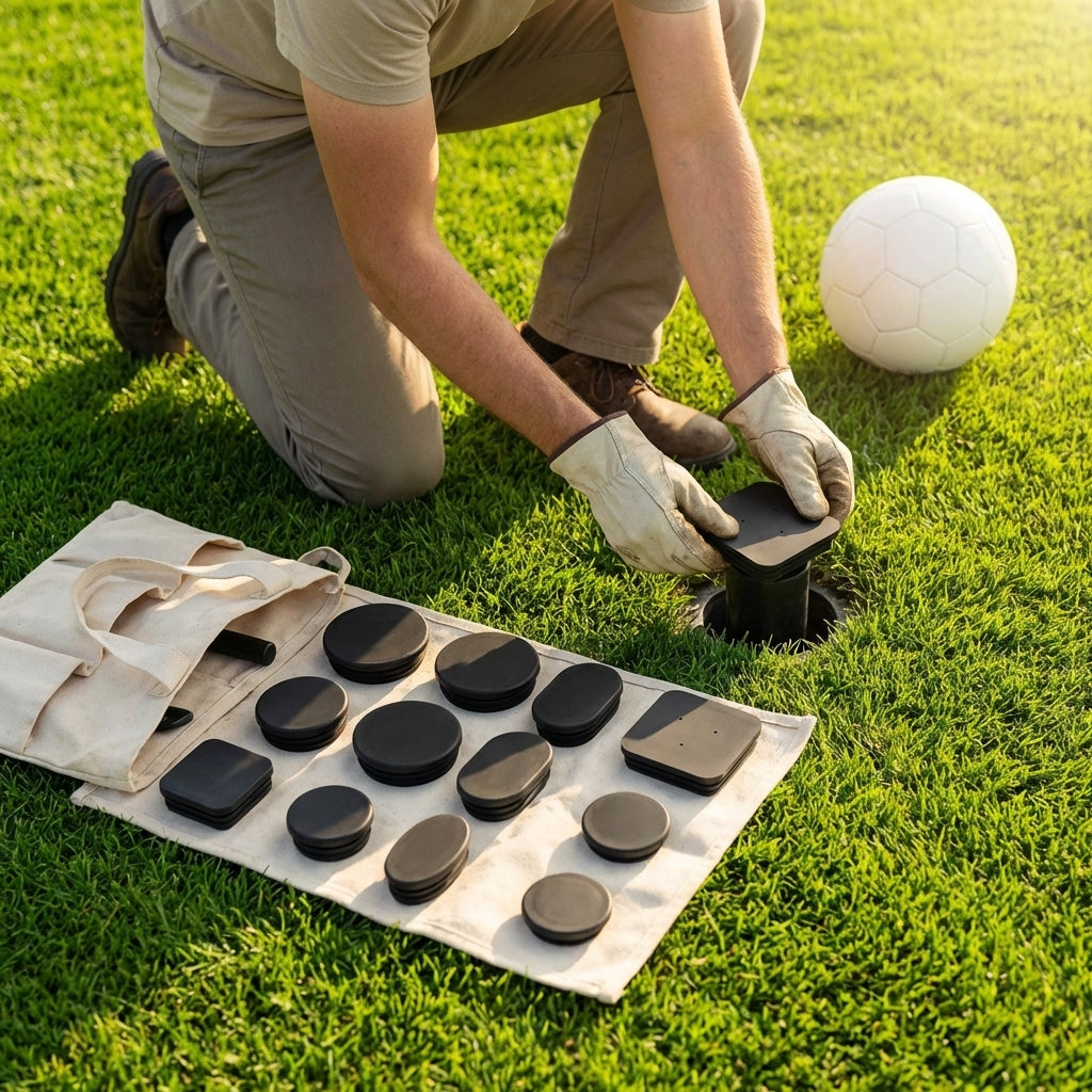 Replacement socket caps in various sizes and materials for sports facilities