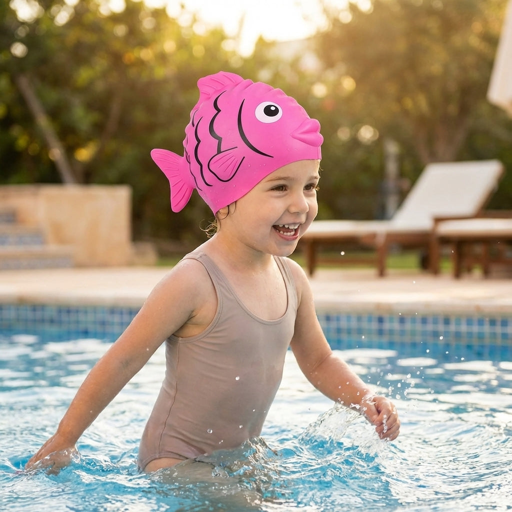 Kids swimming cap with fish design in blue and pink, made from silicone