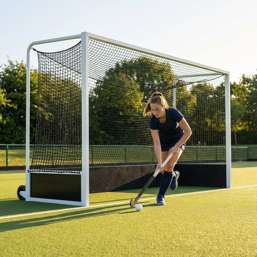 Aluminium hockey goal with HDPE net, 12ft x 7ft, for tournament use