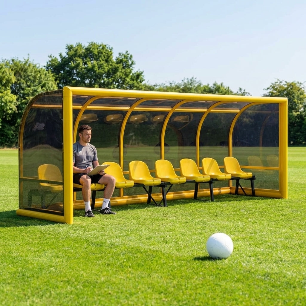 Fixed team shelter with aluminium frame and polycarbonate panels for sports