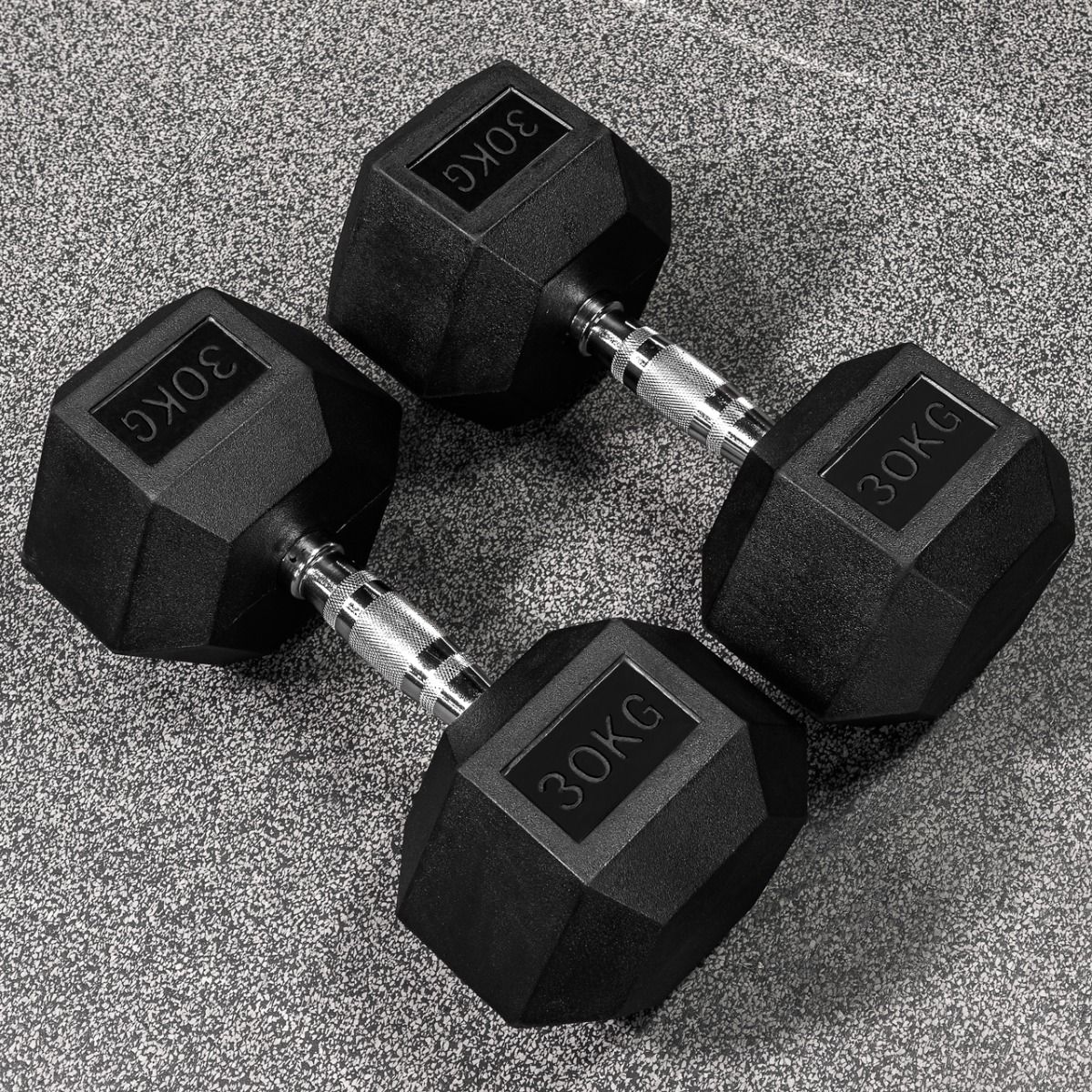 Hex dumbbells with rubber ends and chrome handles
