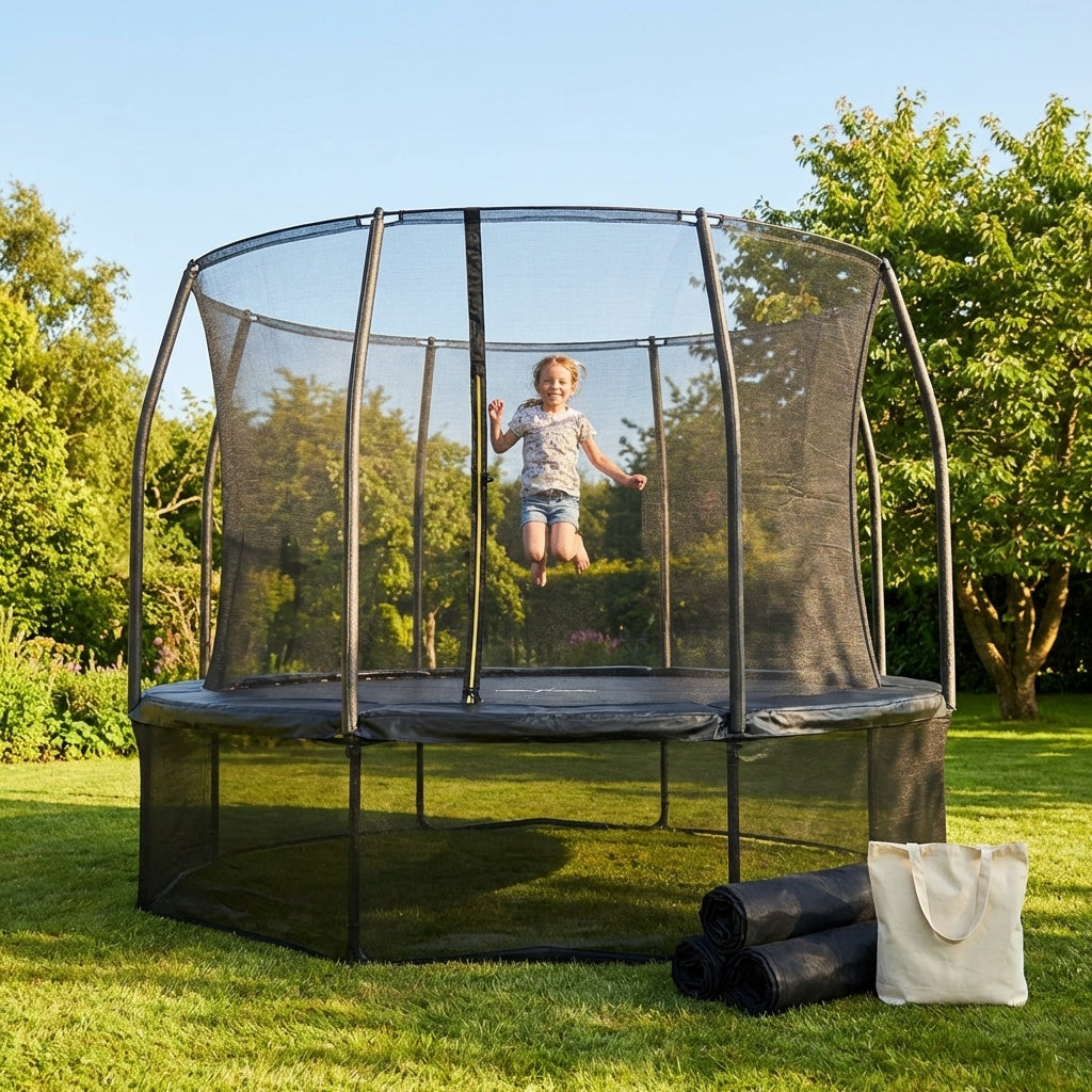 Black trampoline safety net skirt with durable PE mesh