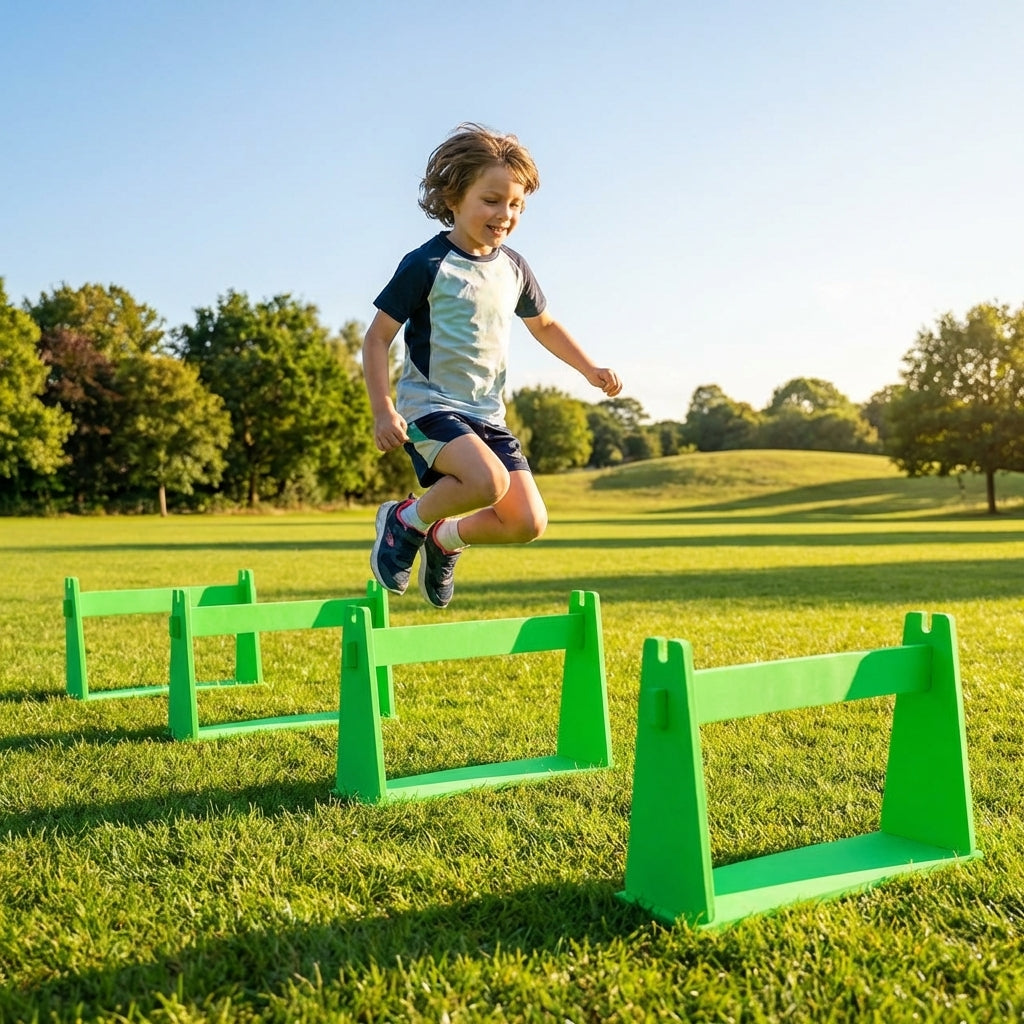 Adjustable foam hurdles in red, yellow, green, and blue for young athletes