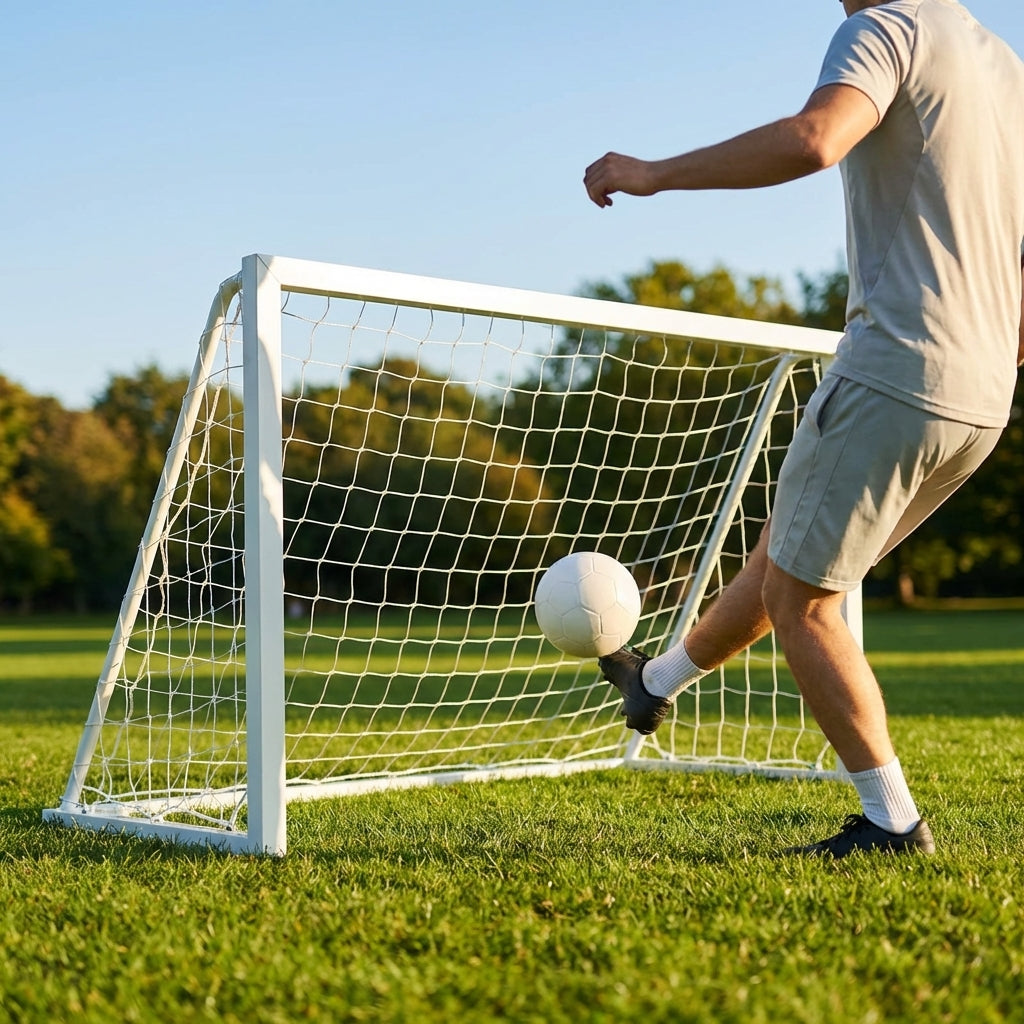 Folding football goal with aluminium frame and high-impact net