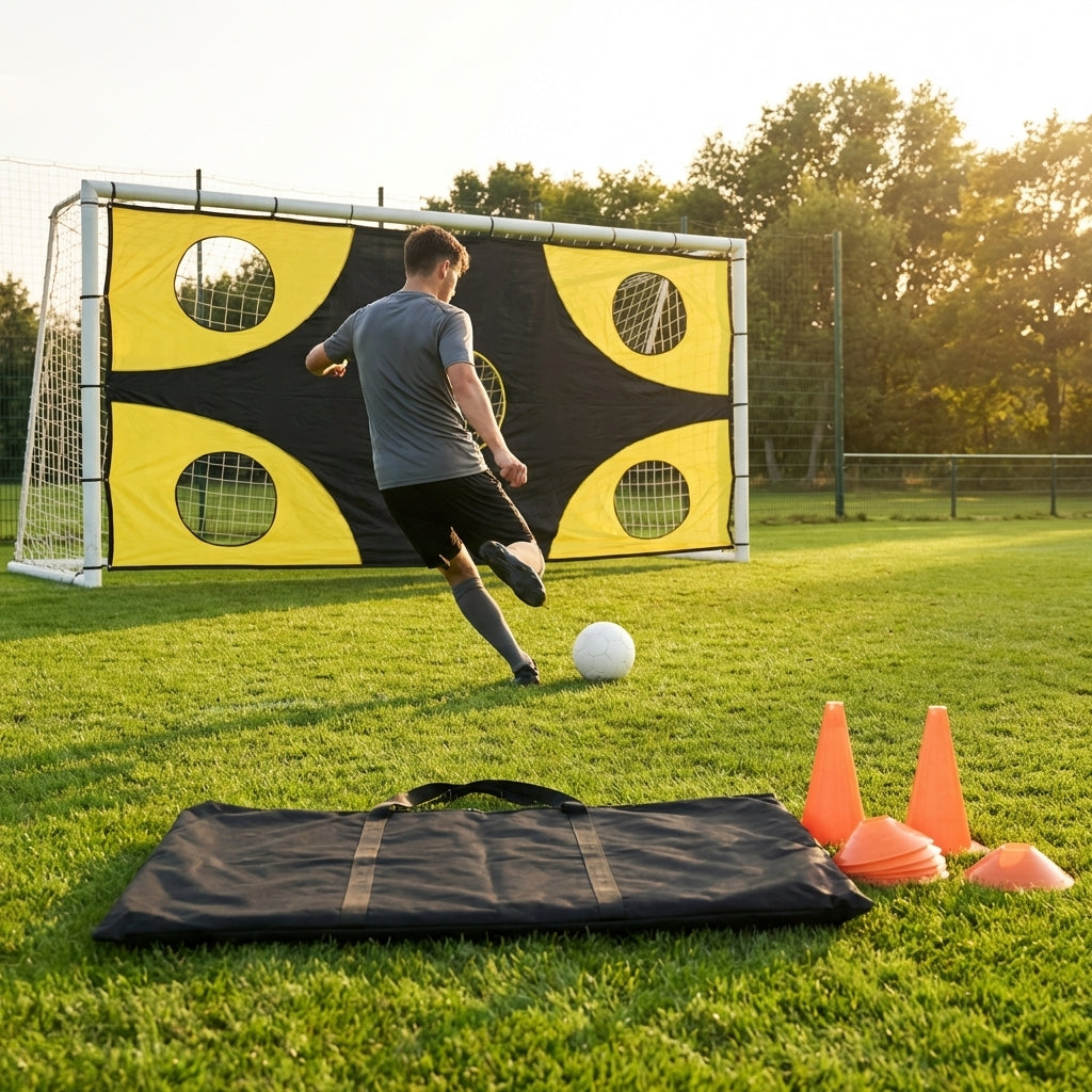 Football goal target sheet with bright yellow banding for training