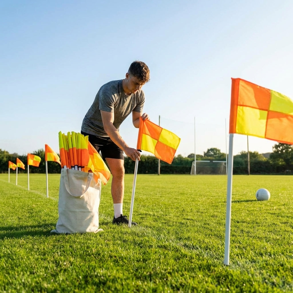 Gaelic football corner flags in orange and yellow with PVC poles