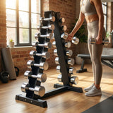 Dumbbell tree rack for home and gym, steel and rubber construction