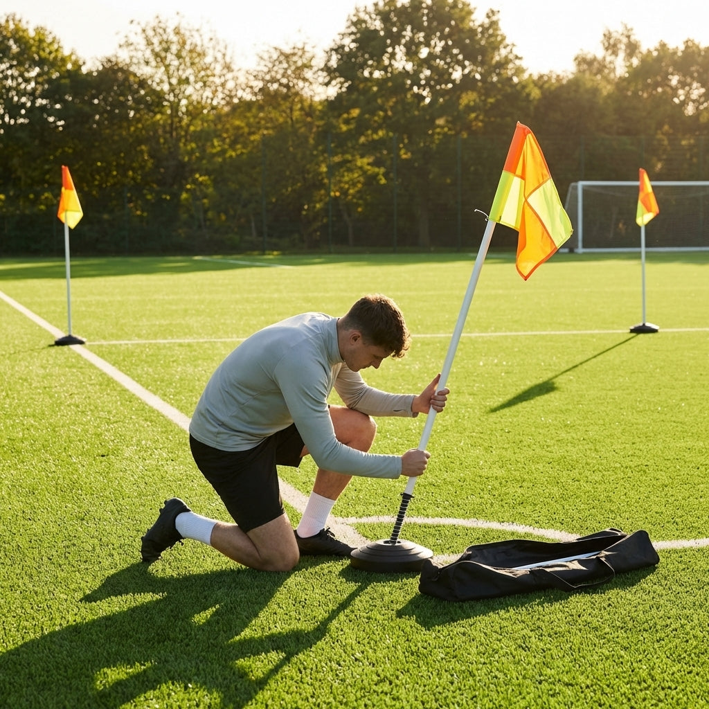Football corner flag set with PVC poles and rubber bases