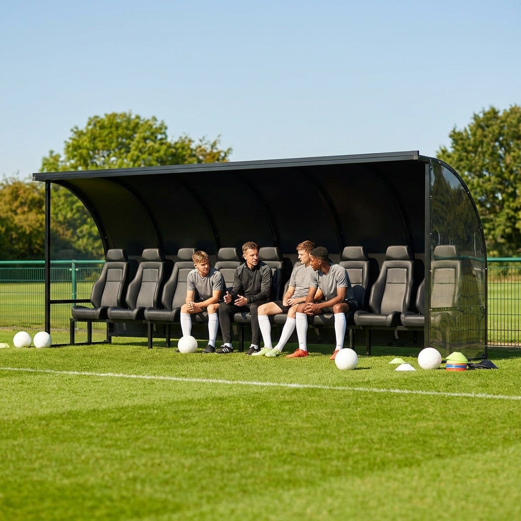 Heavy duty aluminium team shelter with moulded seats