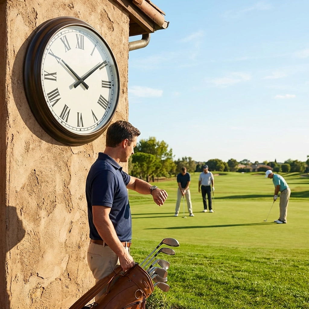 Customisable outdoor clock with black frame for golf clubhouses