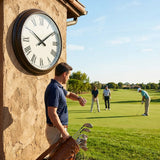 Customisable outdoor clock with black frame for golf clubhouses