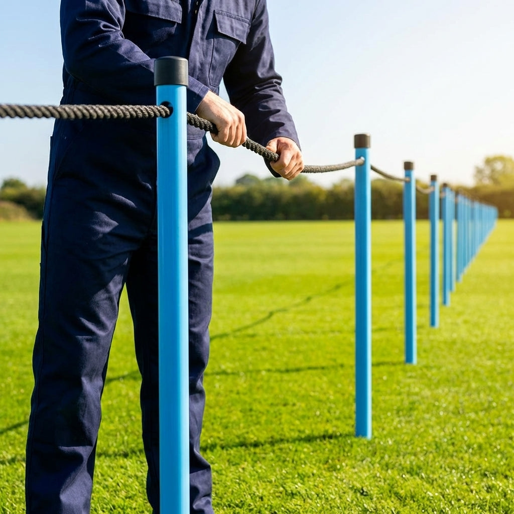 Football crowd control barrier with PVC poles for outdoor use