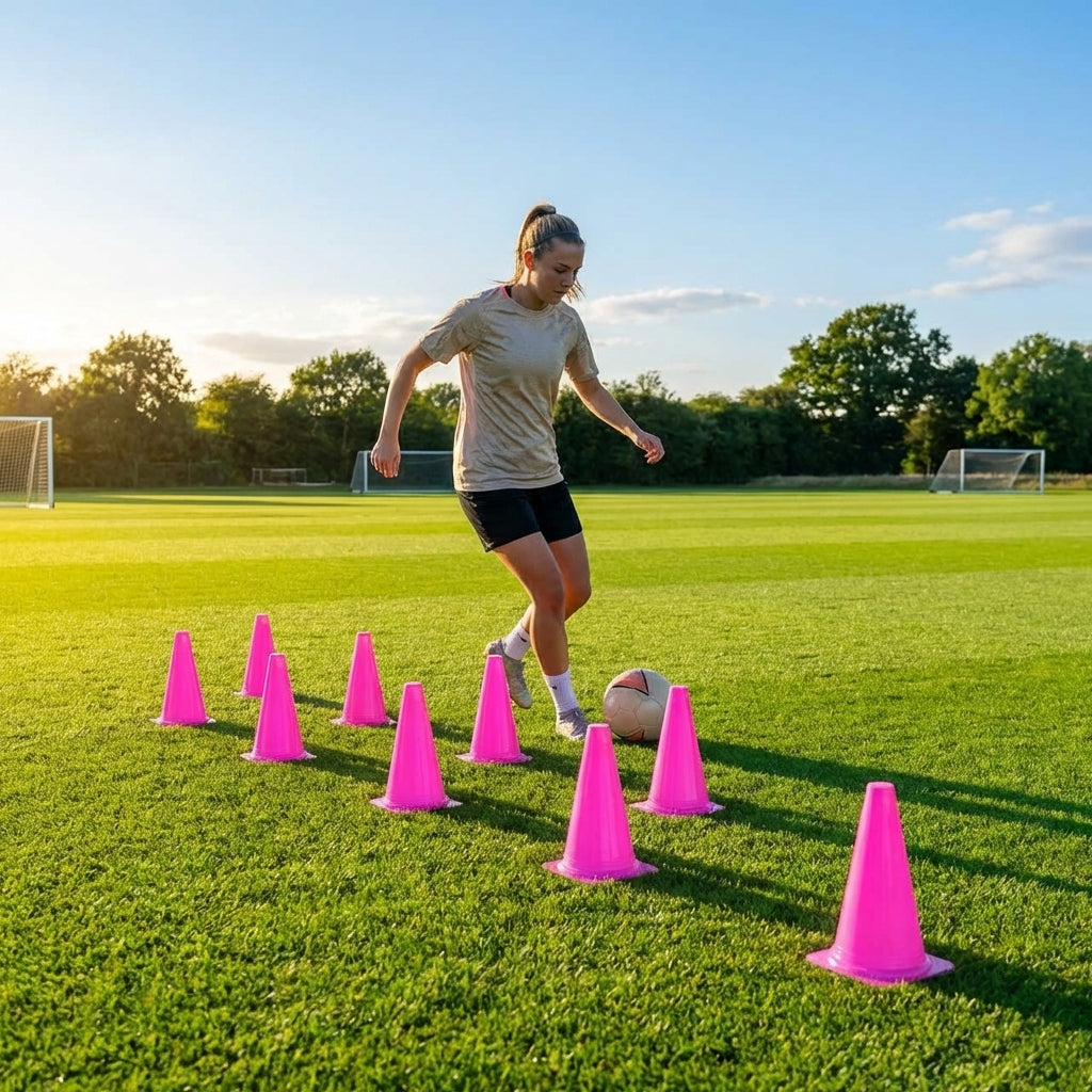 Set of vibrant football training cones in various sizes and colours