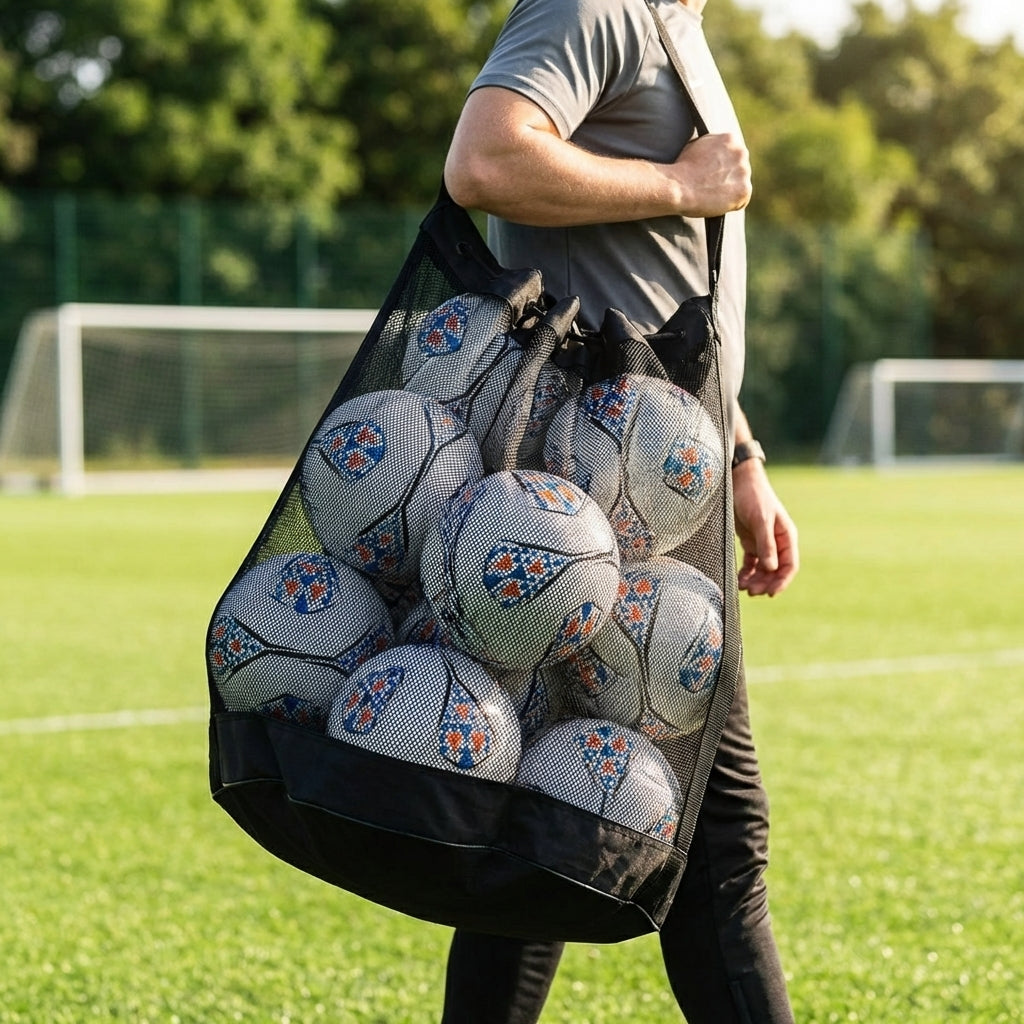 Football carry bag with 12 footballs, durable mesh