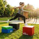 Plyometric jump boxes in various colours and heights for gym workouts