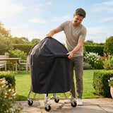 Black waterproof BBQ cover with PVC coating for outdoor protection