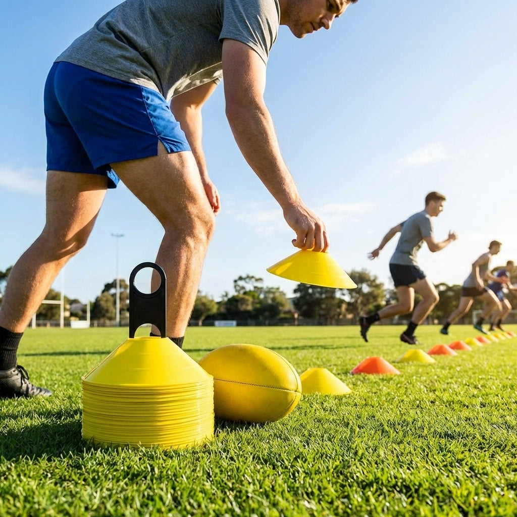 Colourful training marker cones for sports fields