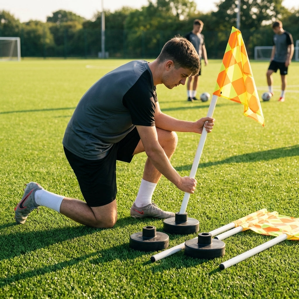 Football corner flag set with PVC poles and rubber bases