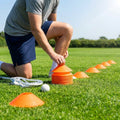 Lacrosse training marker cones in various vibrant colours