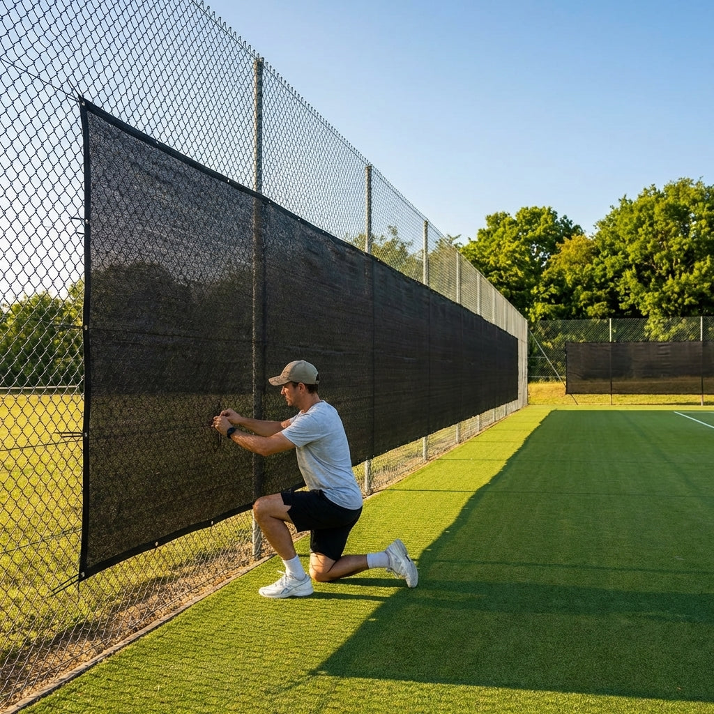 Green Tennis Court Windbreaks on an outdoor tennis court
