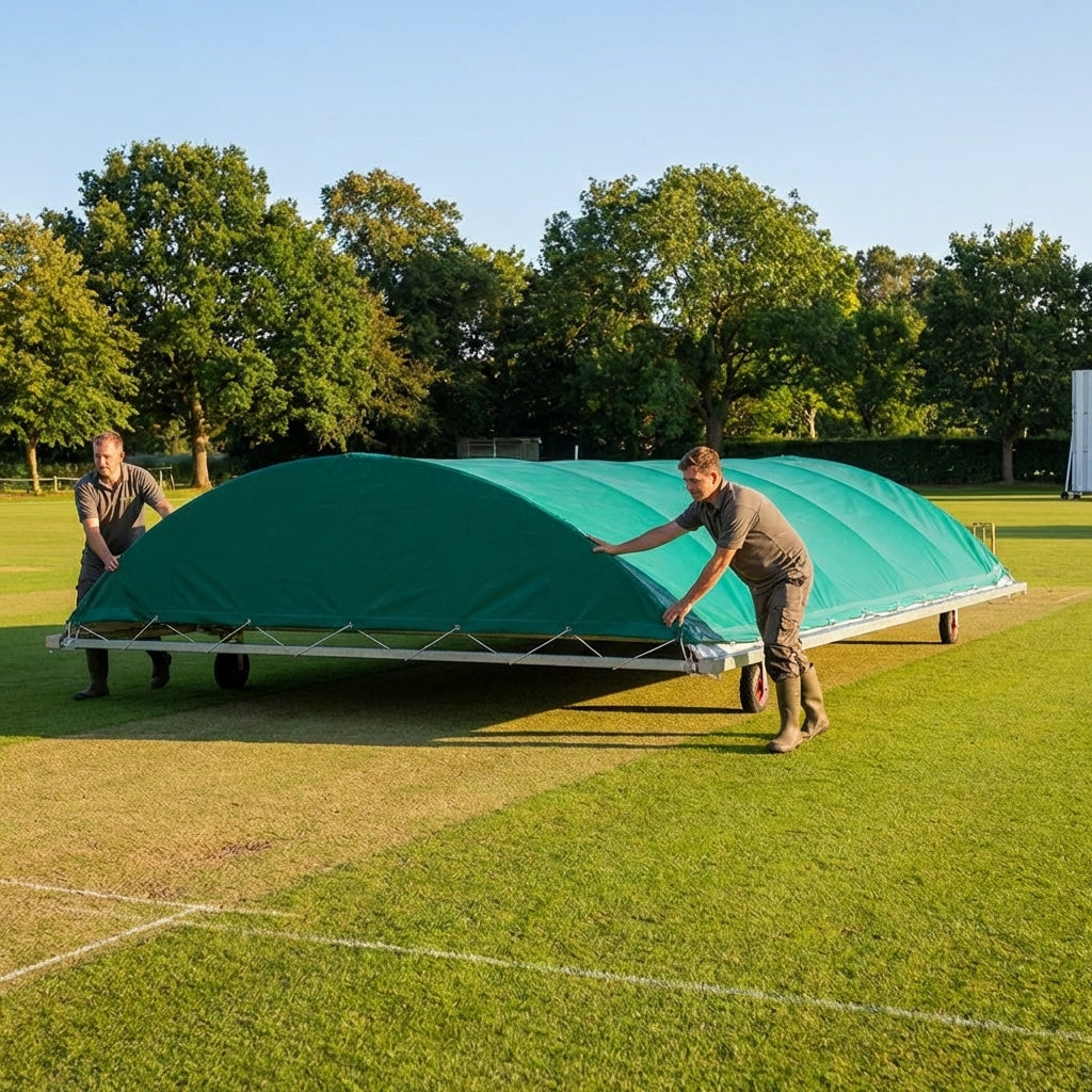 Mobile cricket pitch cover with galvanised steel frame and PVC cover