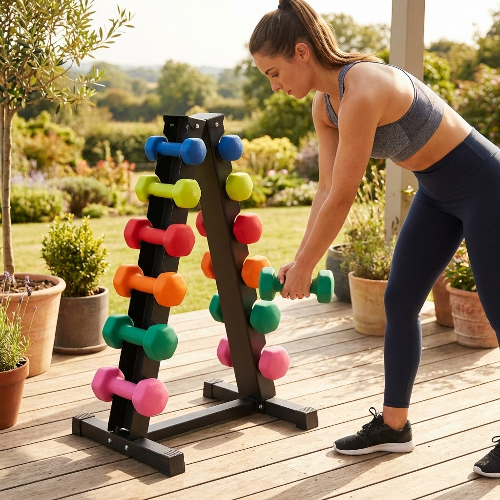 Dumbbell tree rack for home and gym, steel and rubber construction