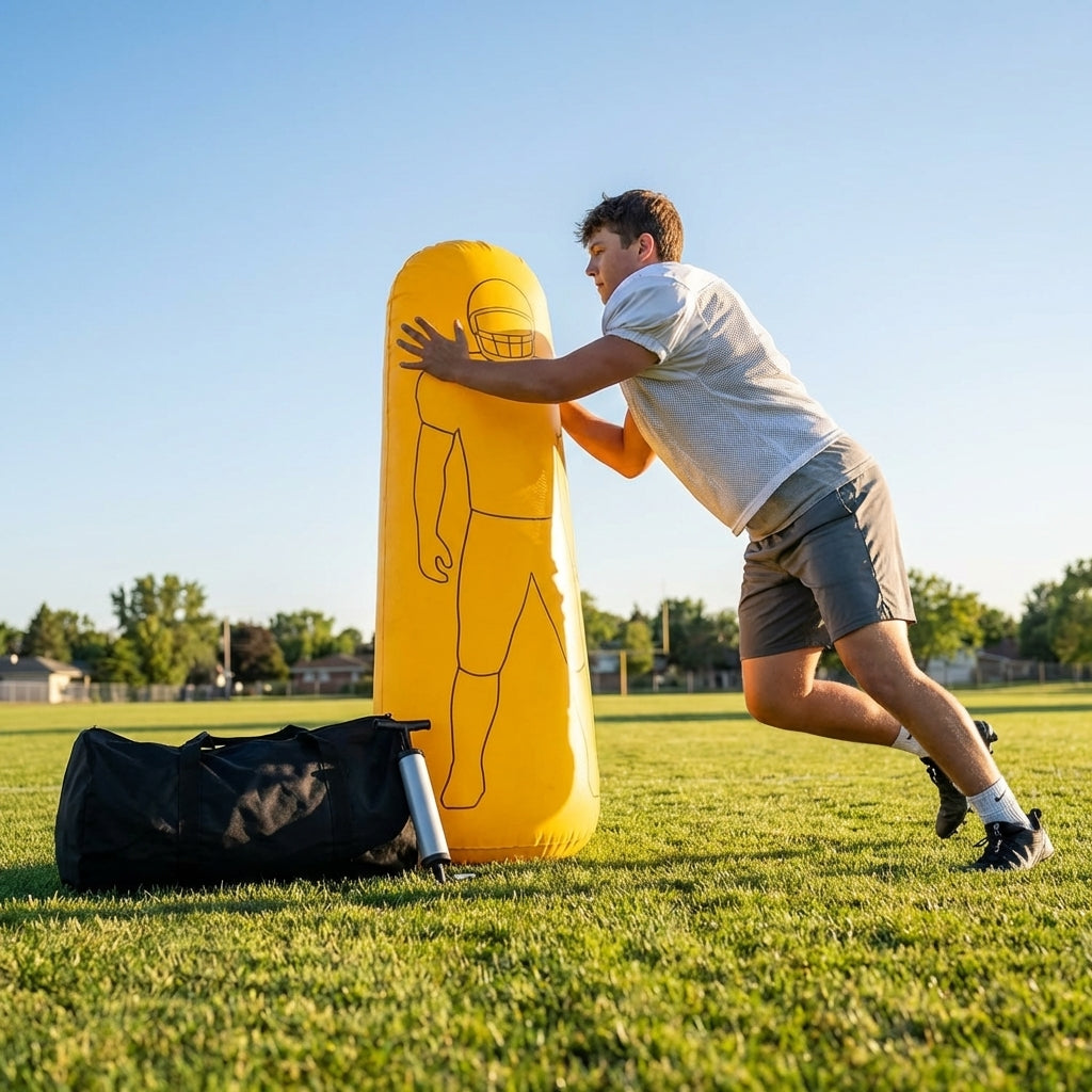 High-visibility American football training dummies in yellow PVC