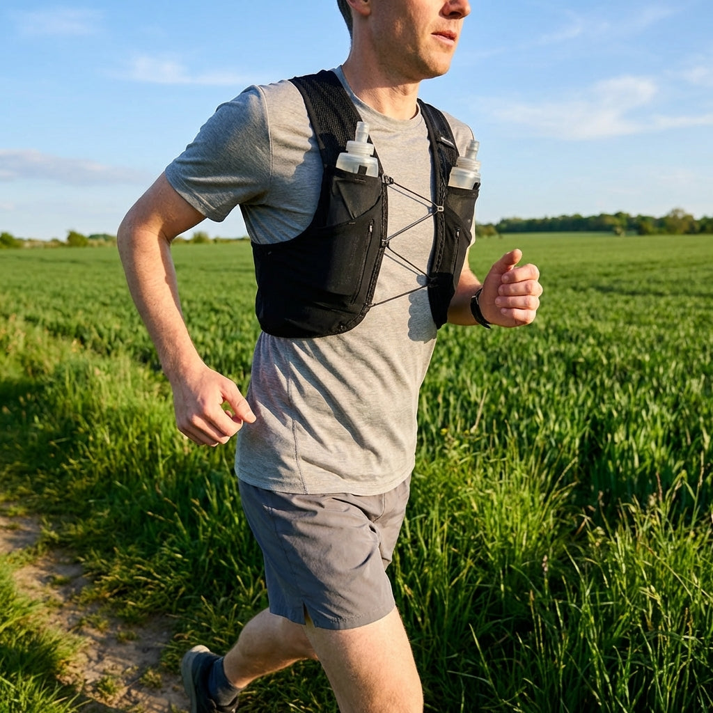 Running hydration vest with adjustable straps and storage pockets