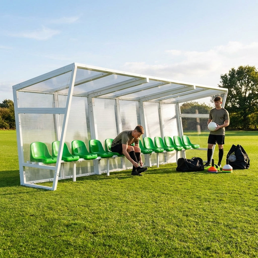 Heavy duty aluminium team shelter with moulded seats