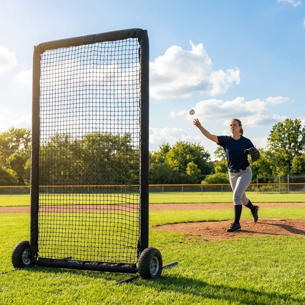 Softball pitching screen with steel frame and foam padding