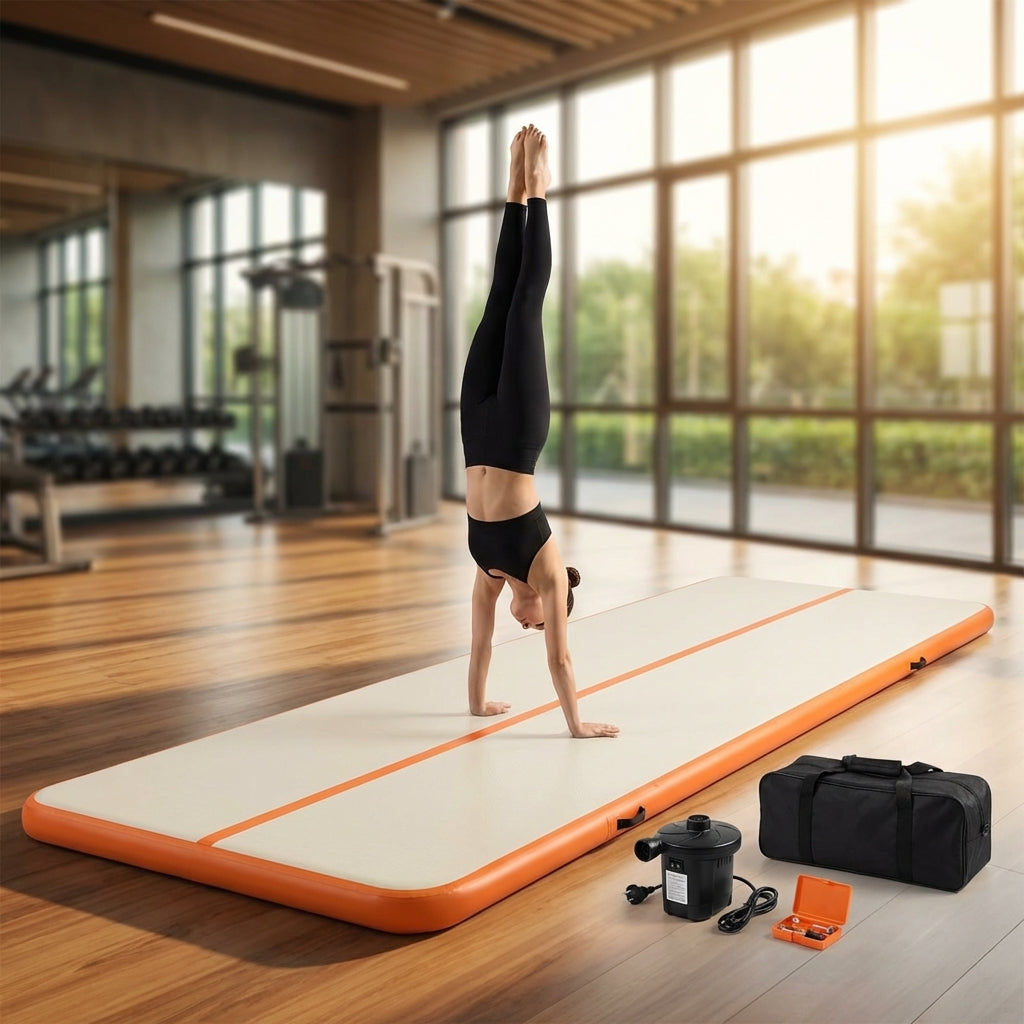 Inflatable gymnastics mat available in various sizes, made from durable PVC