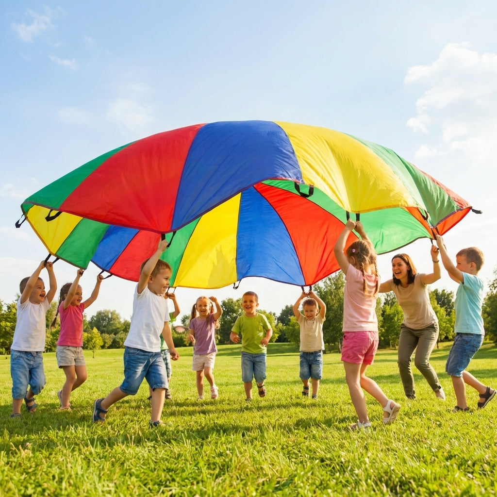 Colourful kids parachute with handles for indoor and outdoor games