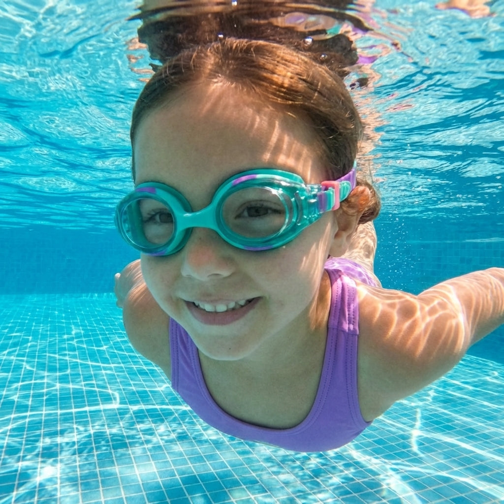 Kids' swimming goggles in vibrant colours with anti-fog and UV protection