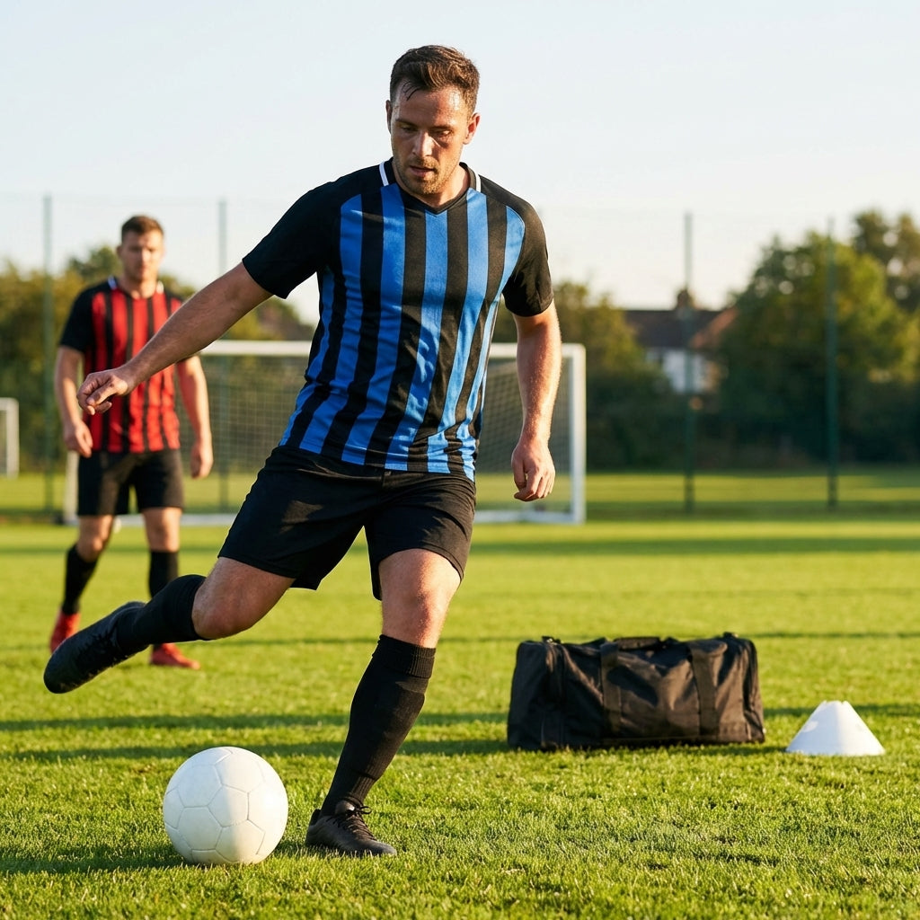 Men's striped football kit with shirt, shorts, and socks