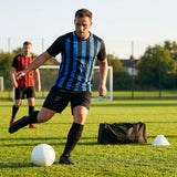 Men's striped football kit with shirt, shorts, and socks